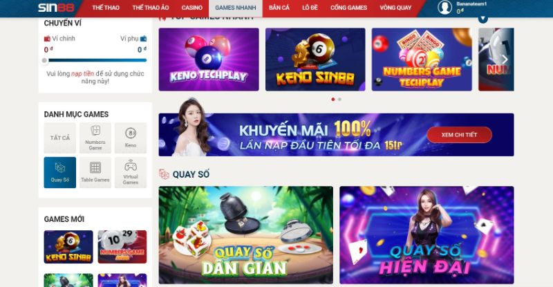 Các khu vực trò chơi tại game Quay số Sin88